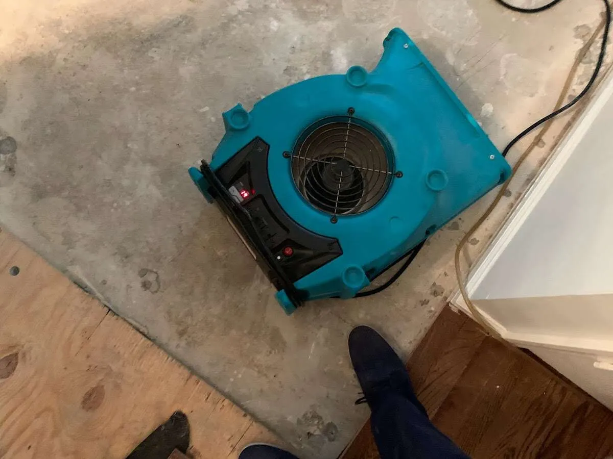 Air mover drying subfloor during Leak Detection & Repair in Odessa